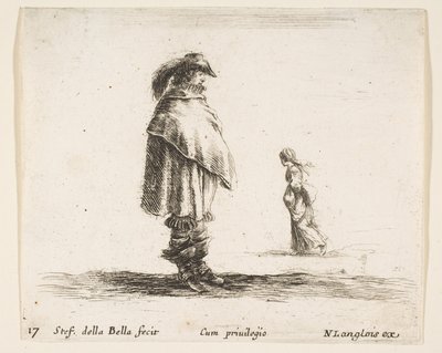 Plaat 17: een man met een gevederde hoed in het midden naar rechts gericht, een vrouw loopt naar... door Stefano della Bella