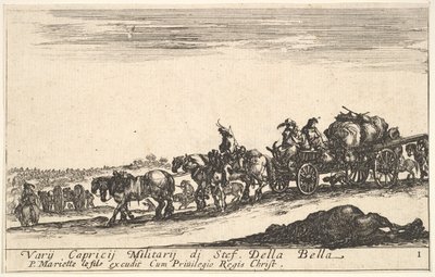 Plaat 1: Een door paarden getrokken kar met mensen en goederen, dood paard op de voorgrond, ca. 1641 door Stefano della Bella