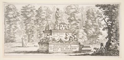 Plaat 1: een monument met beelden en een wapenschild in het midden, een tekenaar door Stefano della Bella
