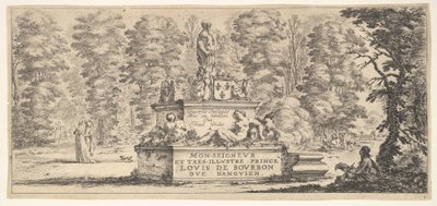 Plaat 1: een monument met beelden en een wapenschild in het midden, een tekenaar op de..., ca. 1641 door Stefano della Bella