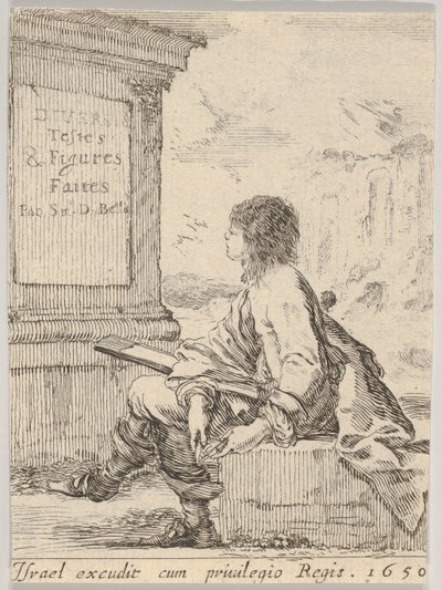 Plaat 1: een jonge man zittend op een steen, naar links in profiel, met een tekenblok..., 1650 door Stefano della Bella