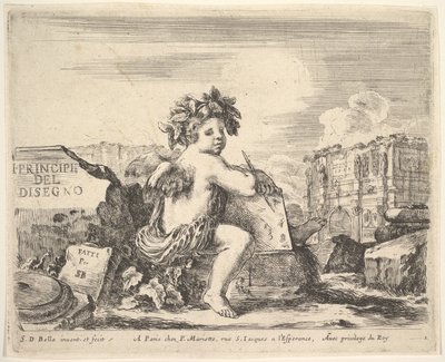Plaat 1: het genie van het tekenen, een kind met vleugels, zittend op een rots in het midden door Stefano della Bella