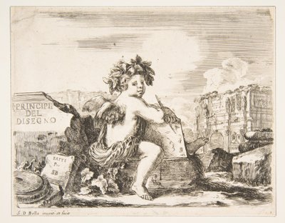 De genius van tekenen, een kind met vleugels, zittend op een rots in het midden, ca. 1641-43 door Stefano della Bella