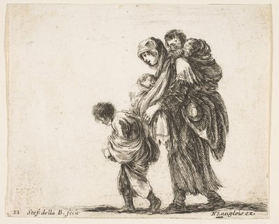 Plaat 22: een bedelares met drie kinderen, een kind op haar schouders, ca. 1644-47 door Stefano della Bella