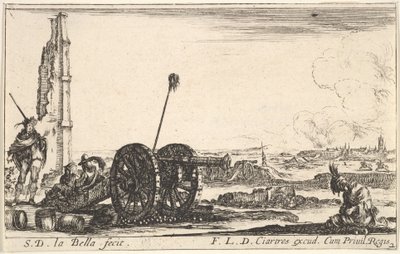 Blad 2: Een kanon naar links, een stad op de achtergrond, uit Diverse Militaire Capric..., ca. 1641 door Stefano della Bella