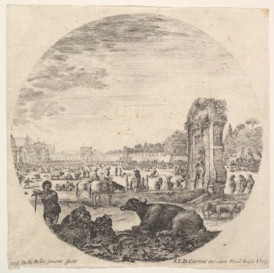 Plaat 2: Campo Vaccino, een buffel en twee herders in het midden, de Fontanone rechts door Stefano della Bella