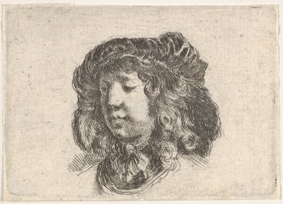 Hoofd van een jonge man in een met veren versierde pet, ca. 1646 door Stefano della Bella