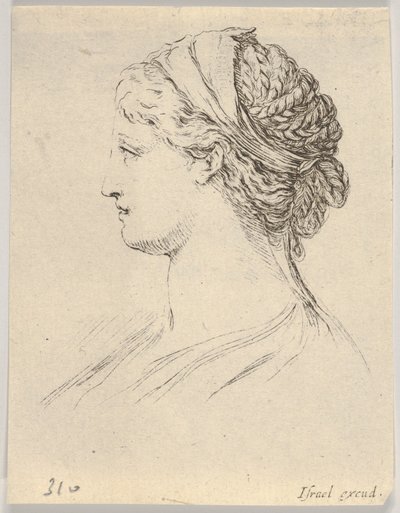 Plaat 3: hoofd van een vrouw met gevlochten haar, in profiel naar rechts, uit Diverse ..., 1650 door Stefano della Bella