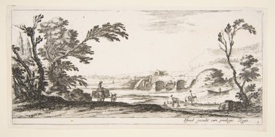 Plaat 3: twee ruiters steken een rivier over naar rechts, een vrouw met twee manden bovenop een ezel..., ca. 1641 door Stefano della Bella