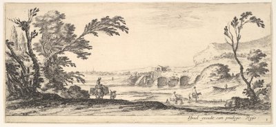 Plaat 3: twee ruiters steken een rivier over naar rechts, een vrouw met twee manden op een ezel, ca. 1641 door Stefano della Bella