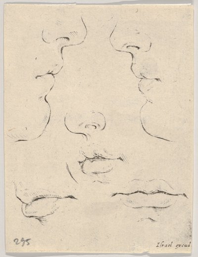 Plaat 4: twee profielen en drie monden, uit Het Boek om te Leren Tekenen Livre po..., ca. 1649 door Stefano della Bella