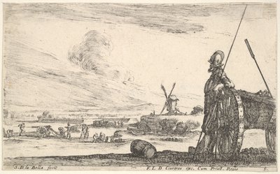 Plaat 5: Een Piekendrager die rechts naast een kanon staat, andere militaire figuren op de achtergrond door Stefano della Bella