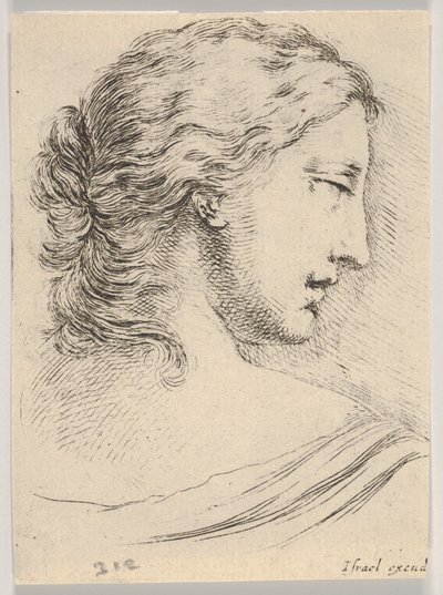Plaat 5: hoofd van een vrouw, in profiel naar rechts gedraaid, uit Diverse hoofden en figuren..., 1650 door Stefano della Bella