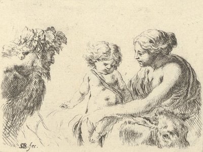 Plaat 6: een vrouw rechts die haar kind vasthoudt dat bovenop een ezel zit, een sater links..., ca. 1646 door Stefano della Bella