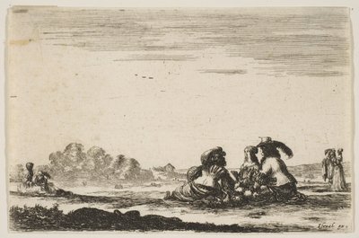 Plaat 7: Twee edellieden zittend in het midden, gezien van achteren, in gesprek met een edelvrouw, 1642 door Stefano della Bella