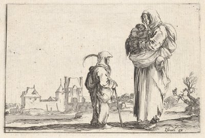 Blad 7: een boerin die een kind naar rechts draagt, pratend met een ander kind dat staat..., ca. 1642 door Stefano della Bella