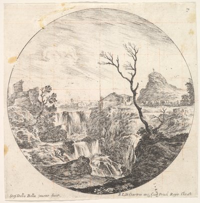 Plaat 7: een driedubbele waterval, een dode boom rechts, een berg en een kudde koeien, ca. 1643-48 door Stefano della Bella
