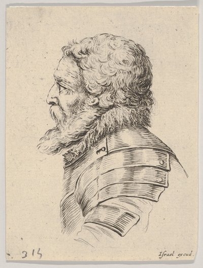 Plaat 7: buste van een bebaarde soldaat in harnas, naar links kijkend in profiel, uit Diverse hoofden..., 1650 door Stefano della Bella