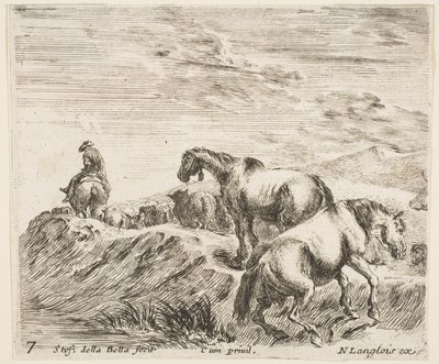 Plaat 7: twee paarden die de oever van een rivier beklimmen, volgend op een processie door Stefano della Bella