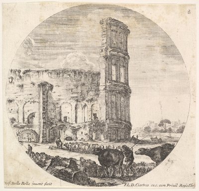 Plaat 8: het Colosseum, twee kuddes worden naar het amfitheater geleid..., ca. 1643-48 door Stefano della Bella