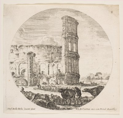 Plaat 8: het Colosseum, twee kuddes worden naar het amfitheater geleid op de voorgrond, ca. 1646 door Stefano della Bella