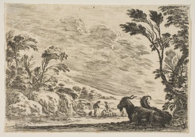 Plaat 9: Twee geiten rustend naar rechts, naar links gekeerd, vier mannen en een paard in een rij, 1642 door Stefano della Bella