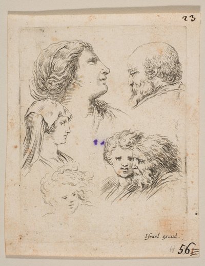 Plaat 9: vijf hoofden, twee jonge vrouwen links, een bebaarde man rechtsboven, een jonge vrouw..., ca. 1649 door Stefano della Bella