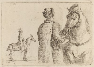 Poolse bediende die het hoofdstel van een paard vasthoudt door Stefano della Bella