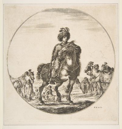 Poolse ruiter naar rechts, een cirkelvormige compositie, uit Figuren te paard, ca. 1651 door Stefano della Bella