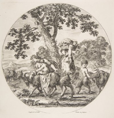 Satyrfamilie loopt naar links met twee geiten en een mand druiven door Stefano della Bella