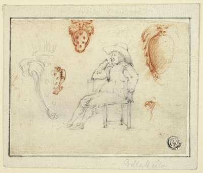 Schetsen van zittende man, Medici wapenschilden door Stefano della Bella