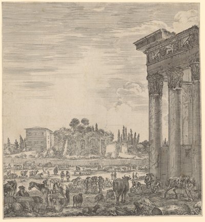 Tempel van Antoninus Pius en Faustina en de Campo Vaccino door Stefano della Bella