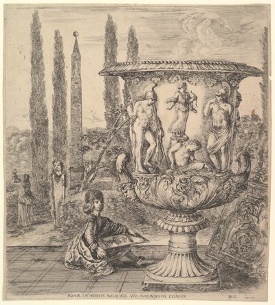 De Medici vaas, een grote vaas naar rechts versierd met een voorstelling van het offer, 1656 door Stefano della Bella