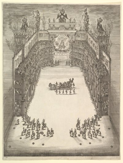 Theater in Modena, gezien van boven en gevuld met toeschouwers, met een triomfwagen in het midden door Stefano della Bella