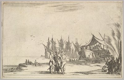 Drie mannen met hoeden in het midden, mannen die een schip repareren rechts, vijf schepen en verschillende door Stefano della Bella