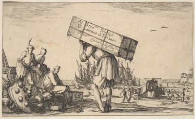 Titelpagina: een man met een koffer op zijn rug in het midden, drie mannen kijken naar hem..., 1639 door Stefano della Bella