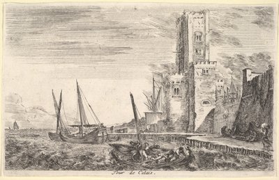 Toren van Calais Tour de Calais, toren rechts, twee schepen in de zee links en in het midden..., 1647 door Stefano della Bella