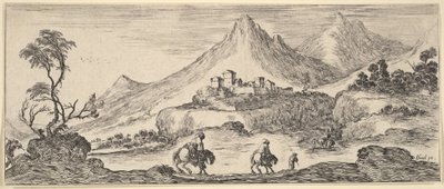 Twee ruiters dalen een heuvel af in het midden, volgend op een andere man te voet, een kasteel in de verte, ca. 1641 door Stefano della Bella