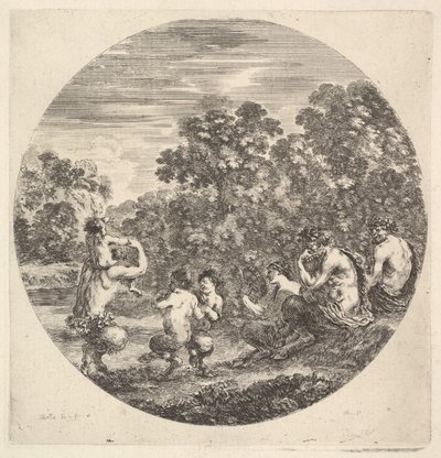 Twee saters en een faun zittend naar rechts kijkend naar twee kind saters en een andere sater door Stefano della Bella