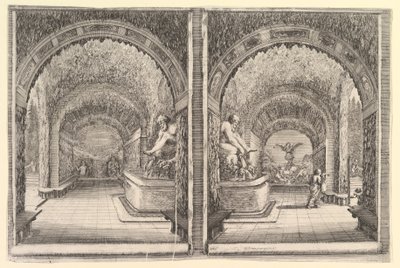 Twee uitzichten op een grot, beide uitzichten met een fontein met een zittend standbeeld, ca. 1653 door Stefano della Bella