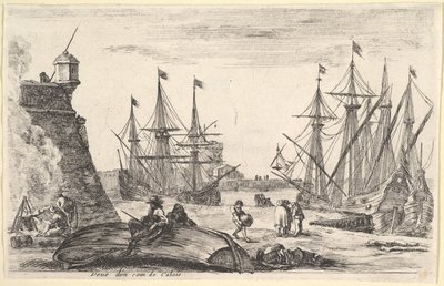 Uitzicht op een deel van Calais, een man zittend op een omgekeerde kano door Stefano della Bella