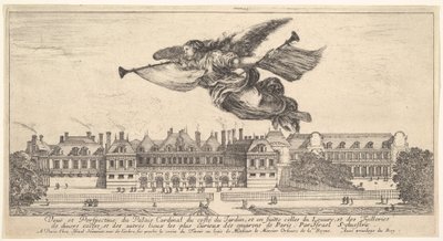 Uitzicht op het Palais Cardinal, de figuur van Faam in het midden bovenaan vliegend naar links door Stefano della Bella