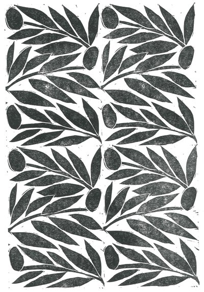 Olijftakken, 2015 (linoleumsnede op papier) door Stephen Dow