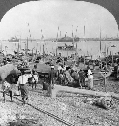 Haven van Rangoon aan de Irawaddy-rivier, Birma, 1908 door Stereo Travel Co