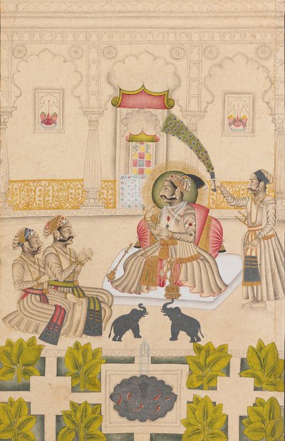 Maharana Amar Singh II toont twee zilveren olifanten, ca. 1705 door Stipple Master