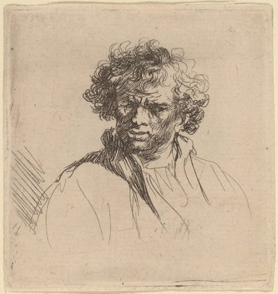 Krullend-Hoofd Man met een Scheve Mond door Studio of Rembrandt van Rijn