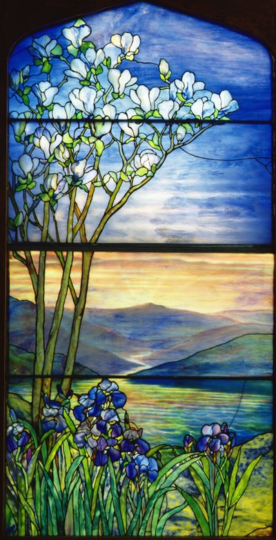 Landschapsraam (gebrandschilderd glas) door Studios Tiffany