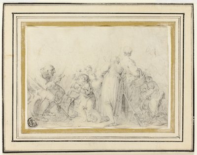 Genrescène met oude man, boerinnen en kinderen door Style of Jean Baptiste Greuze