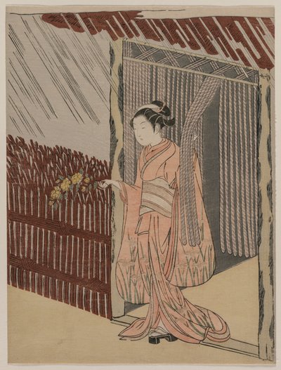 Een meisje dat zich in het roze kleedt door Suzuki Harunobu