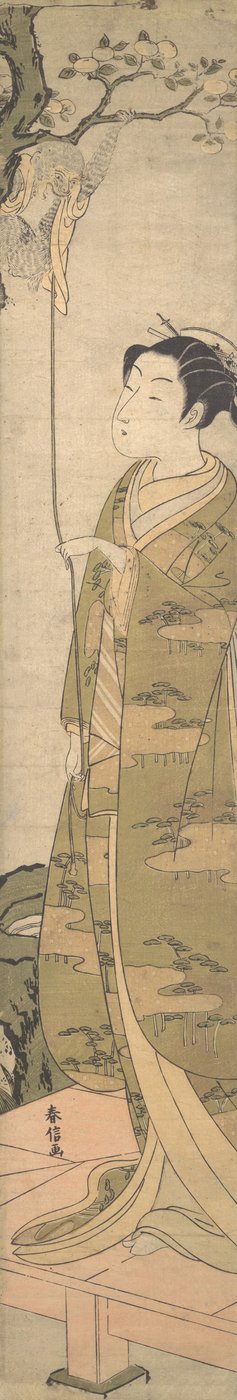 Een vrouw die speelt met een aap die in een boom is geklommen, ca. 1770 door Suzuki Harunobu